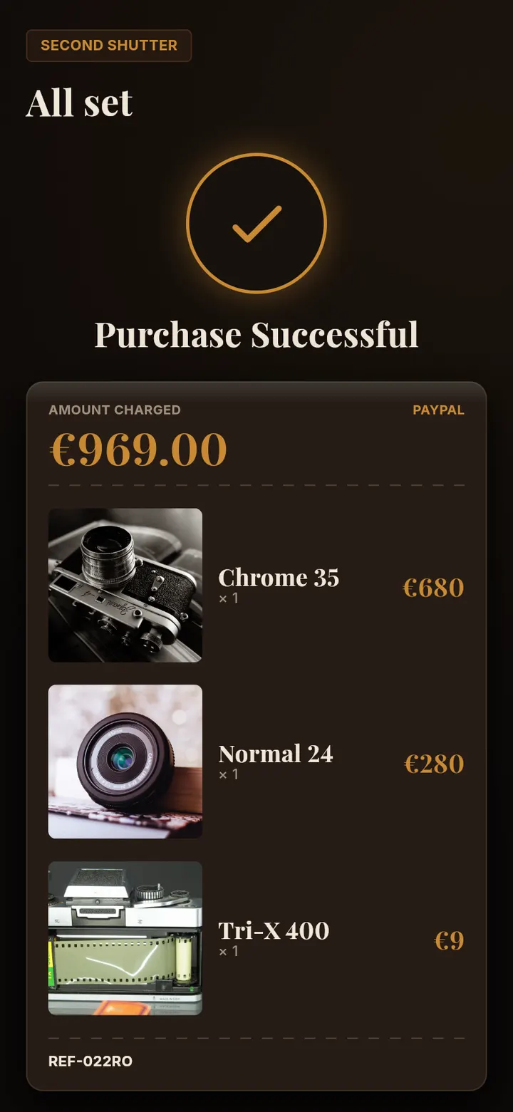 Aperture: Bestätigung nach dem Kauf.