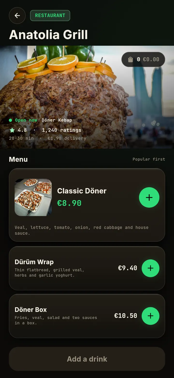 Biteway: Restaurantseite mit Gerichten und Warenkorb.