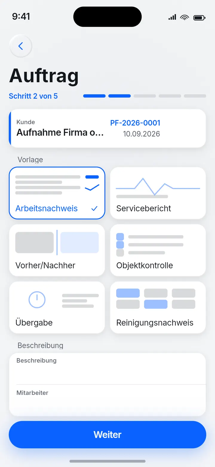 ProofFlow: Auftragsformular mit zugeordnetem Kunden und Positionen.