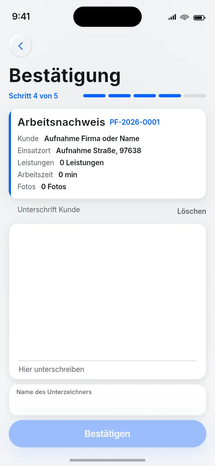 ProofFlow: Unterschriftenfeld zur Bestätigung vor Ort.