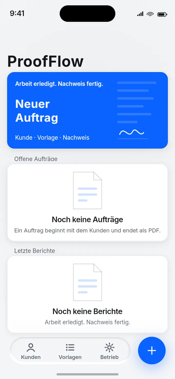 ProofFlow: Übersicht der offenen Aufträge mit Status je Zeile.