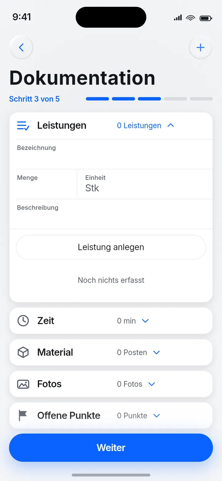 ProofFlow: Dokumentation eines Auftrags mit Foto und beschreibendem Text.