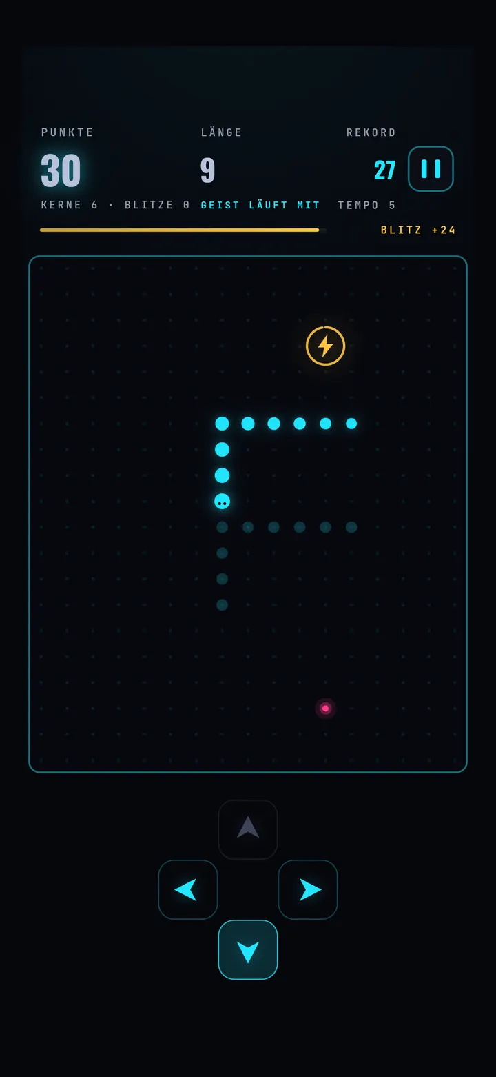 VOLT SNAKE NEO: laufendes Spiel mit Spielfeld und Punktestand.